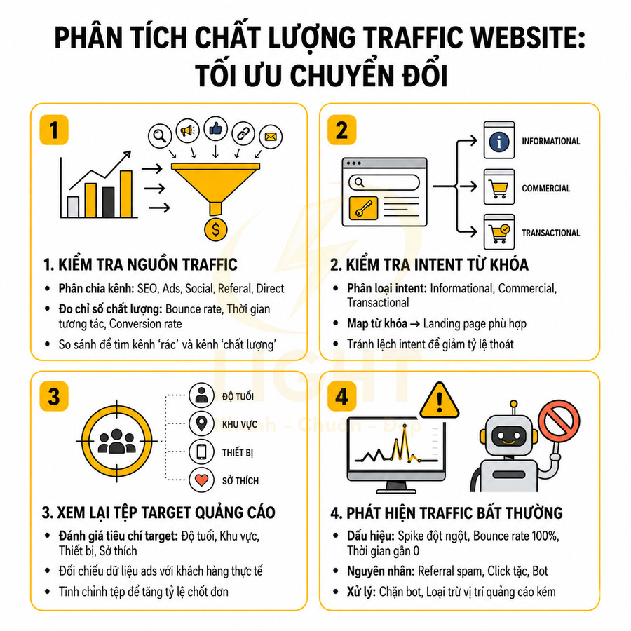 Infographic hướng dẫn phân tích chất lượng traffic website và tối ưu chuyển đổi trong marketing online