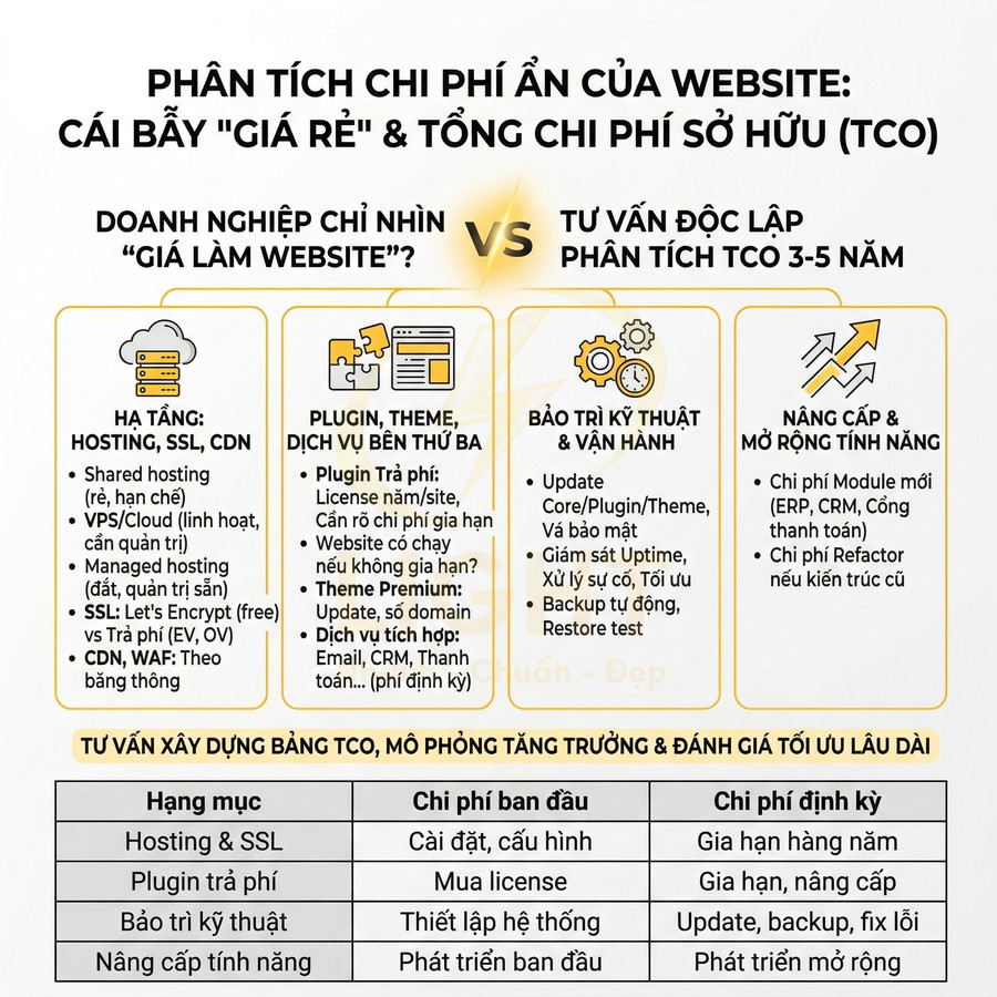 Infographic phân tích chi phí ẩn khi làm website, so sánh giá rẻ ban đầu với tổng chi phí sở hữu TCO