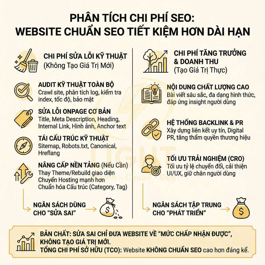 Phân tích chi phí SEO website chuẩn, so sánh sửa lỗi kỹ thuật và đầu tư nội dung, CRO, backlink để tăng trưởng dài hạn