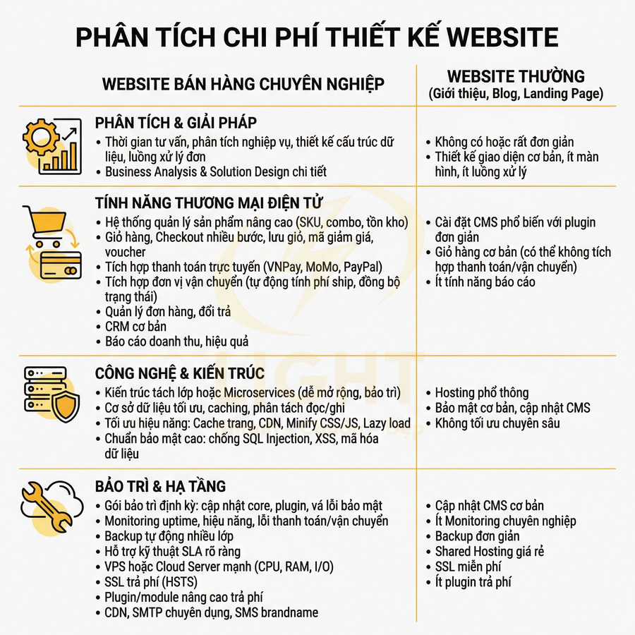 Bảng so sánh chi phí thiết kế website bán hàng chuyên nghiệp và website thường với các hạng mục tính năng, công nghệ, bảo trì