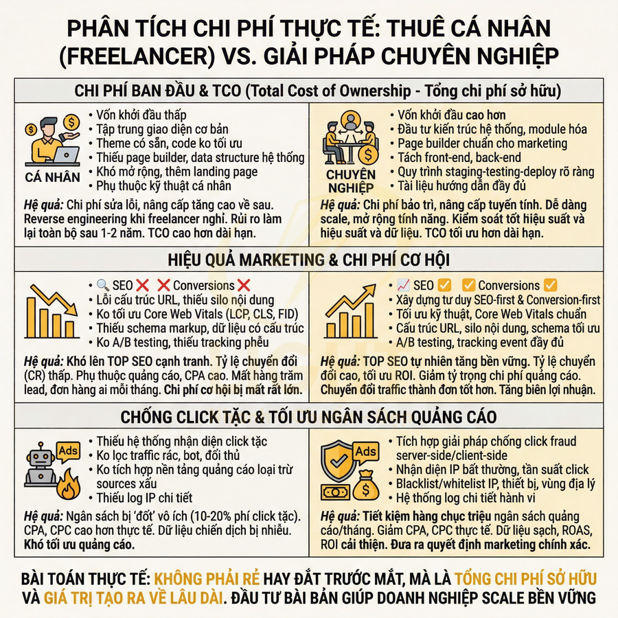 Infographic so sánh chi phí thuê freelancer cá nhân và giải pháp marketing website chuyên nghiệp cho doanh nghiệp