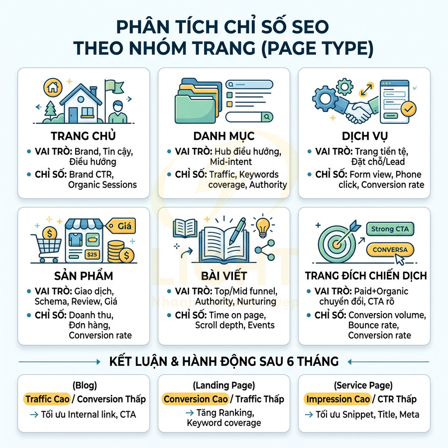 Phân tích chỉ số SEO theo nhóm trang web trang chủ danh mục dịch vụ sản phẩm bài viết trang đích chiến dịch