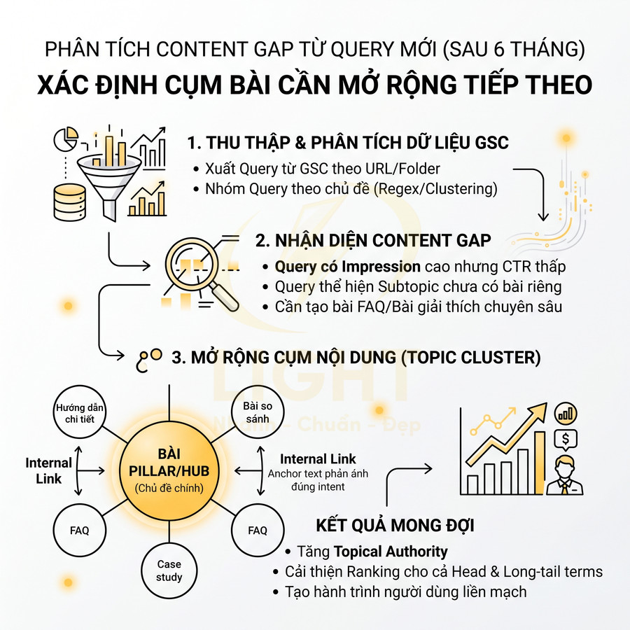 Quy trình phân tích content gap và mở rộng cụm nội dung SEO với bài pillar và internal link