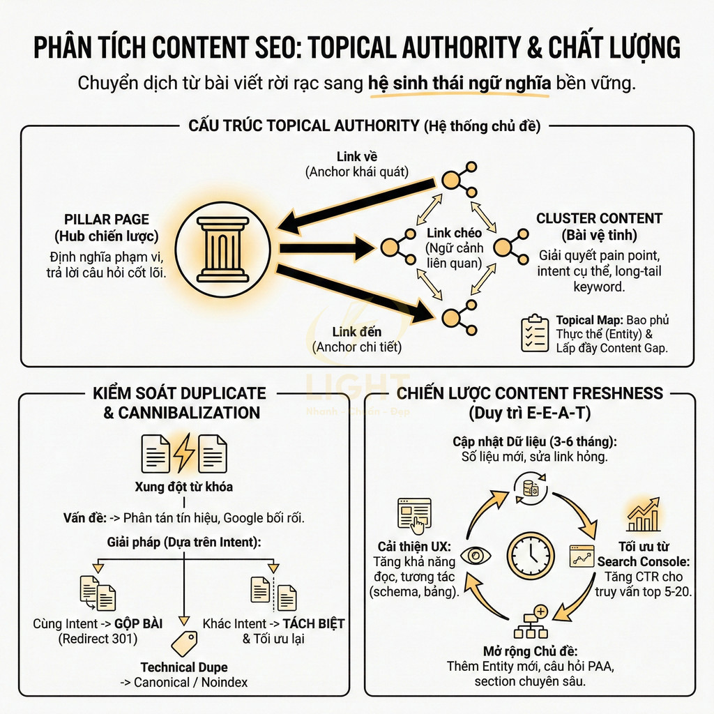 Infographic phân tích content SEO về topical authority, cấu trúc pillar page, cluster content và chiến lược content freshness