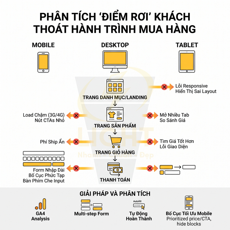 Phân tích điểm rơi khách thoát trên hành trình mua hàng online và giải pháp tối ưu UX UI cho website
