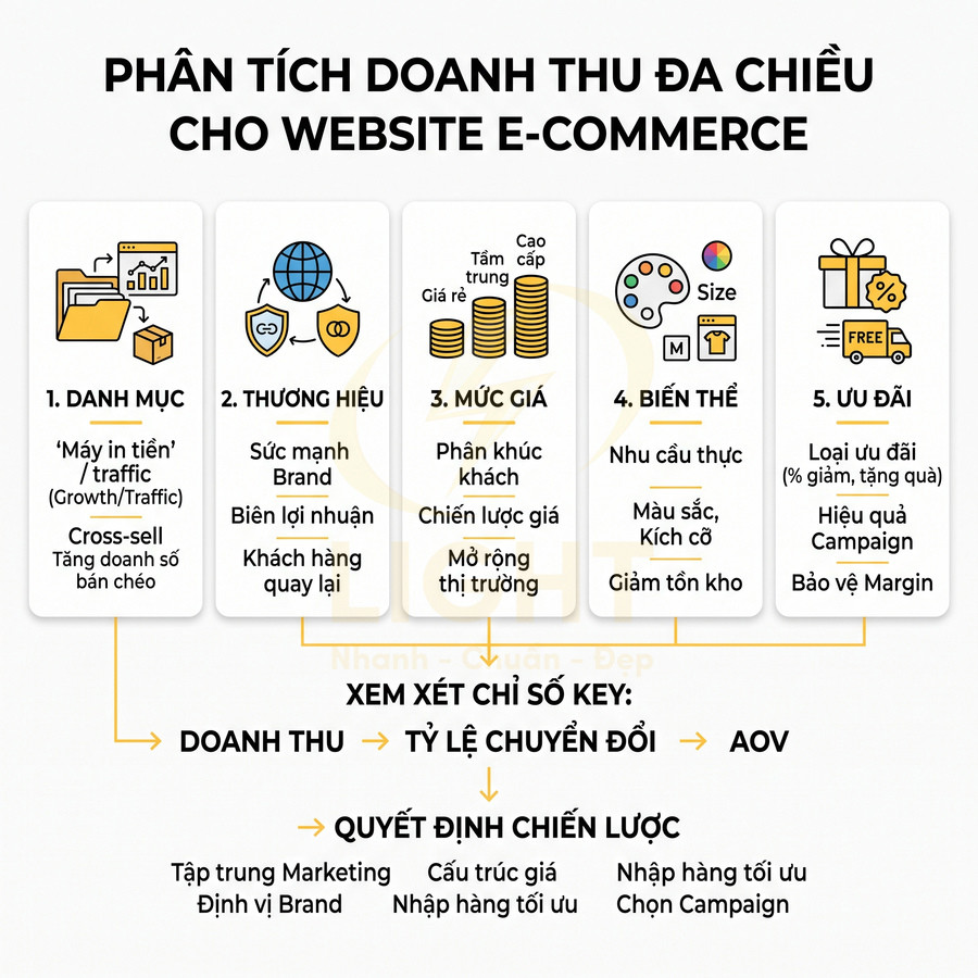 Phân tích doanh thu đa chiều cho website e commerce với 5 yếu tố danh mục thương hiệu giá biến thể ưu đãi