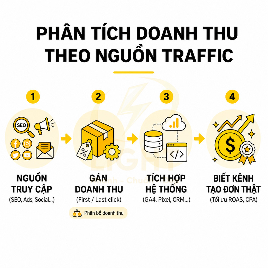 Quy trình phân tích doanh thu theo nguồn traffic với 4 bước từ nguồn truy cập đến kênh tạo đơn hiệu quả