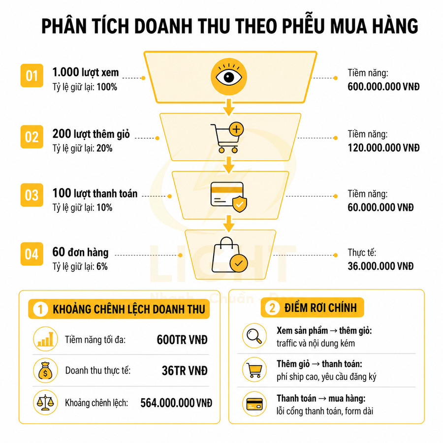 Infographic phân tích doanh thu theo phễu mua hàng từ lượt xem đến đơn hàng và khoảng chênh lệch doanh thu