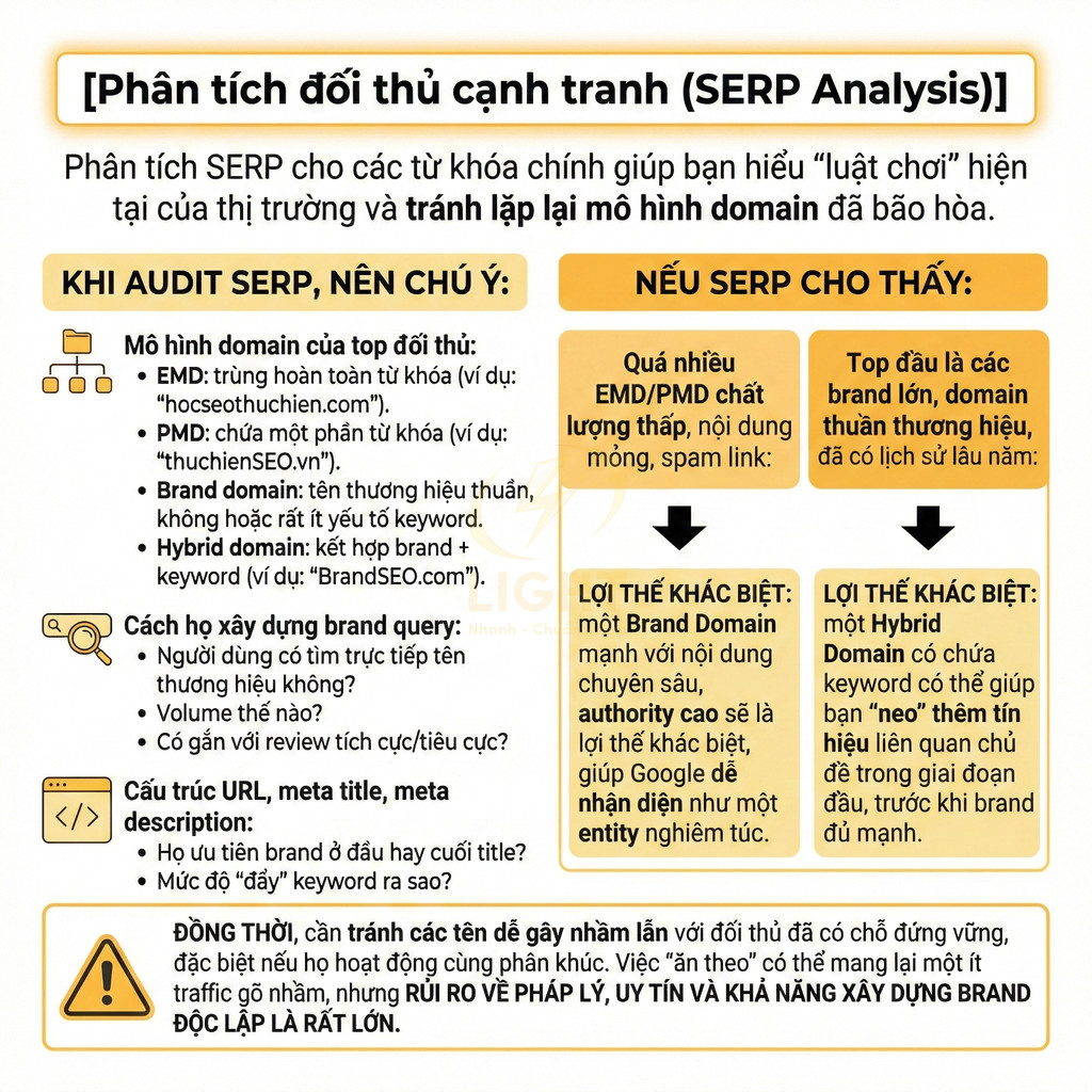 Infographic hướng dẫn phân tích đối thủ cạnh tranh trên SERP và xây dựng chiến lược brand domain, hybrid domain