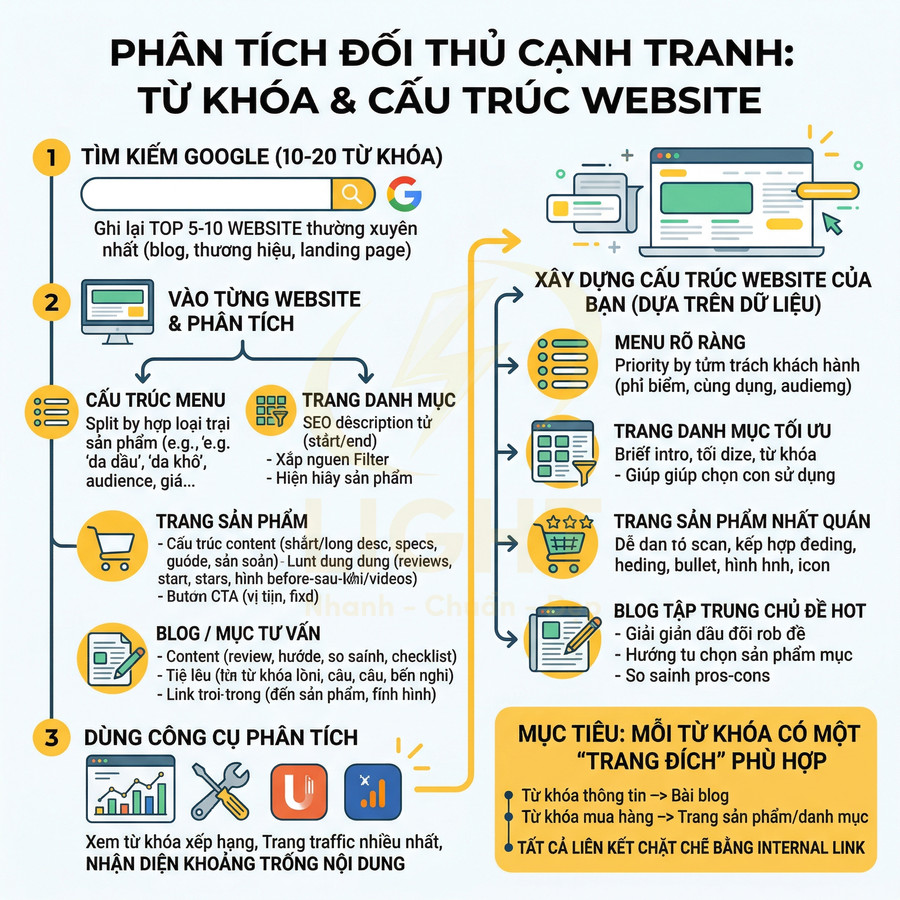 Infographic hướng dẫn phân tích đối thủ cạnh tranh qua từ khóa và cấu trúc website để tối ưu SEO và xây dựng trang đích phù hợp