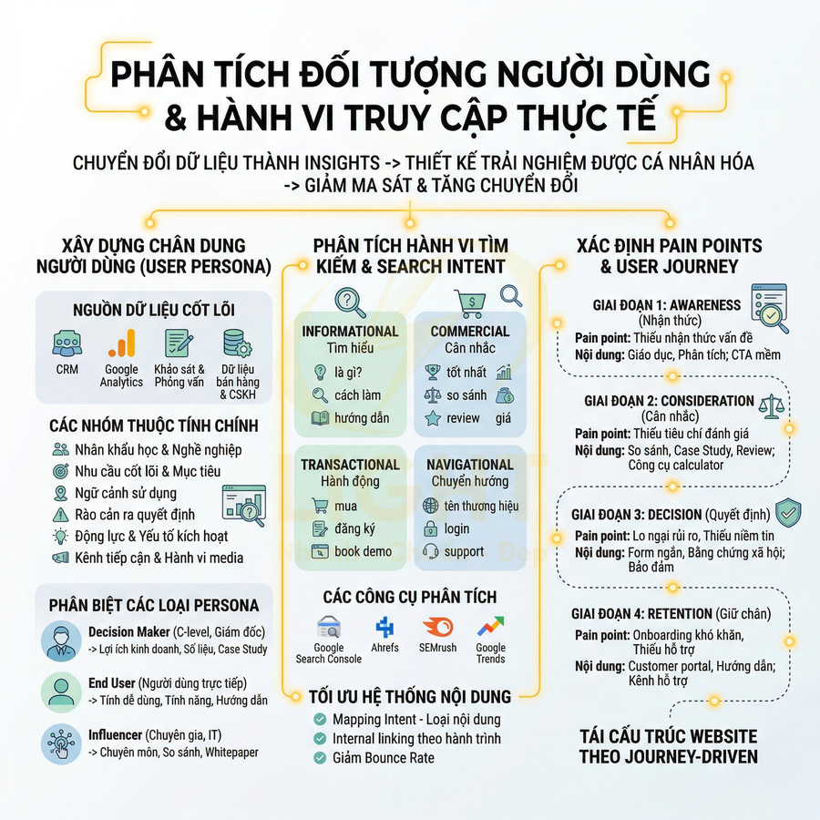 Infographic phân tích đối tượng người dùng, hành vi truy cập, search intent và tối ưu nội dung website theo hành trình khách hàng