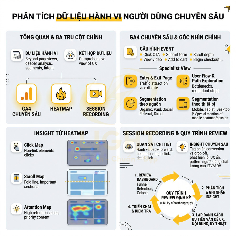 Phân tích dữ liệu hành vi người dùng với GA4, heatmap và session recording cho tối ưu UX và chuyển đổi