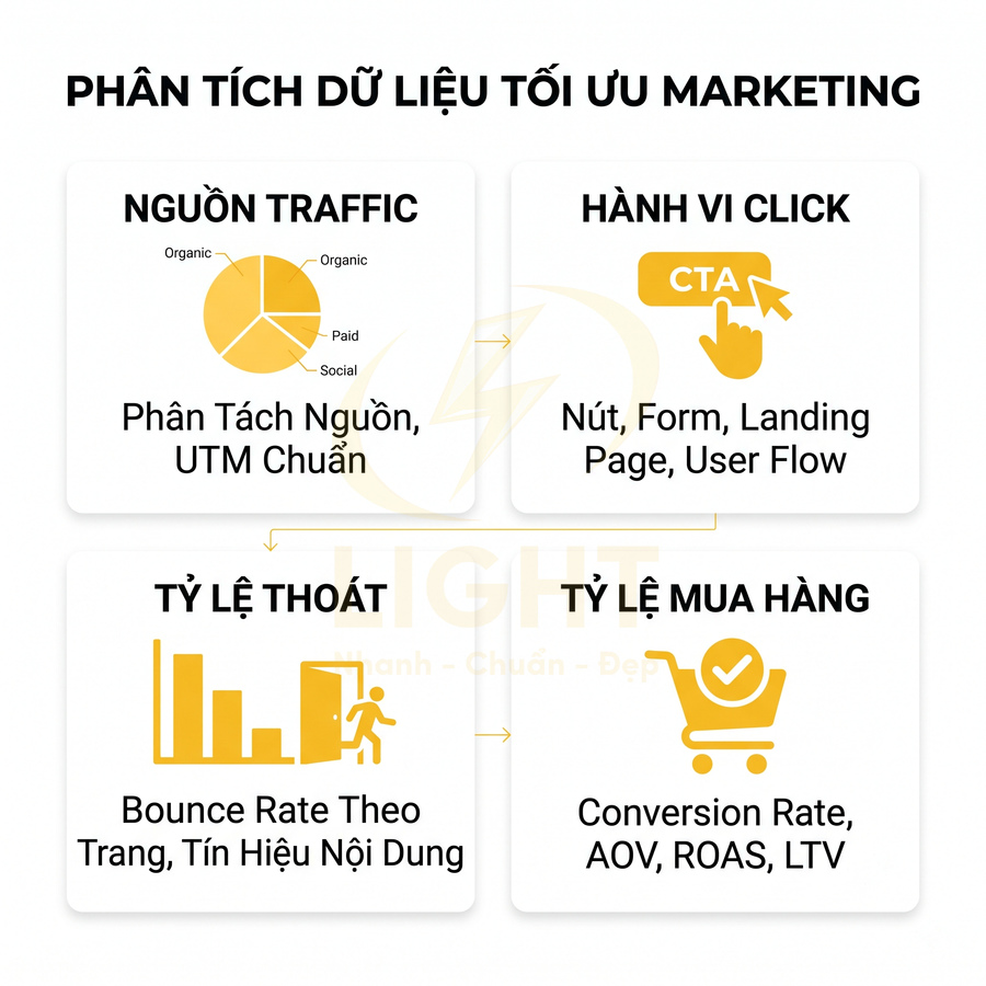 Sơ đồ phân tích dữ liệu tối ưu marketing với nguồn traffic, hành vi click, tỷ lệ thoát và tỷ lệ mua hàng