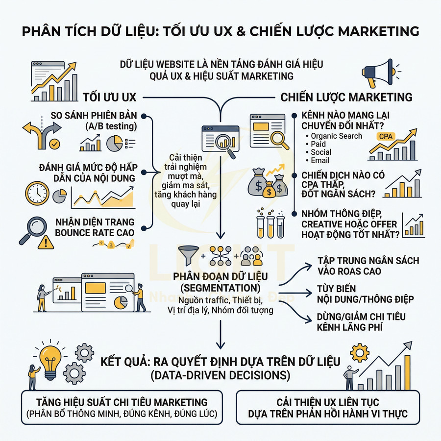 Infographic phân tích dữ liệu tối ưu UX và chiến lược marketing cho website, tập trung A/B testing và phân đoạn dữ liệu
