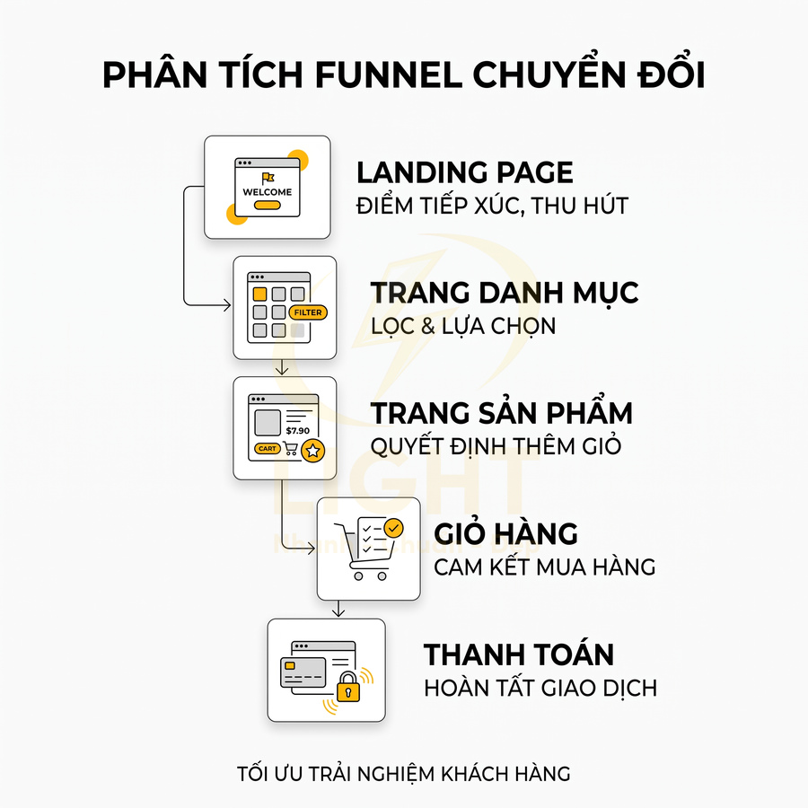 Sơ đồ funnel chuyển đổi bán hàng online từ landing page đến thanh toán tối ưu trải nghiệm khách hàng