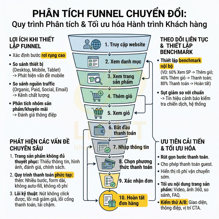 Sơ đồ funnel chuyển đổi mô tả các bước hành trình khách hàng từ truy cập website đến hoàn tất đơn hàng
