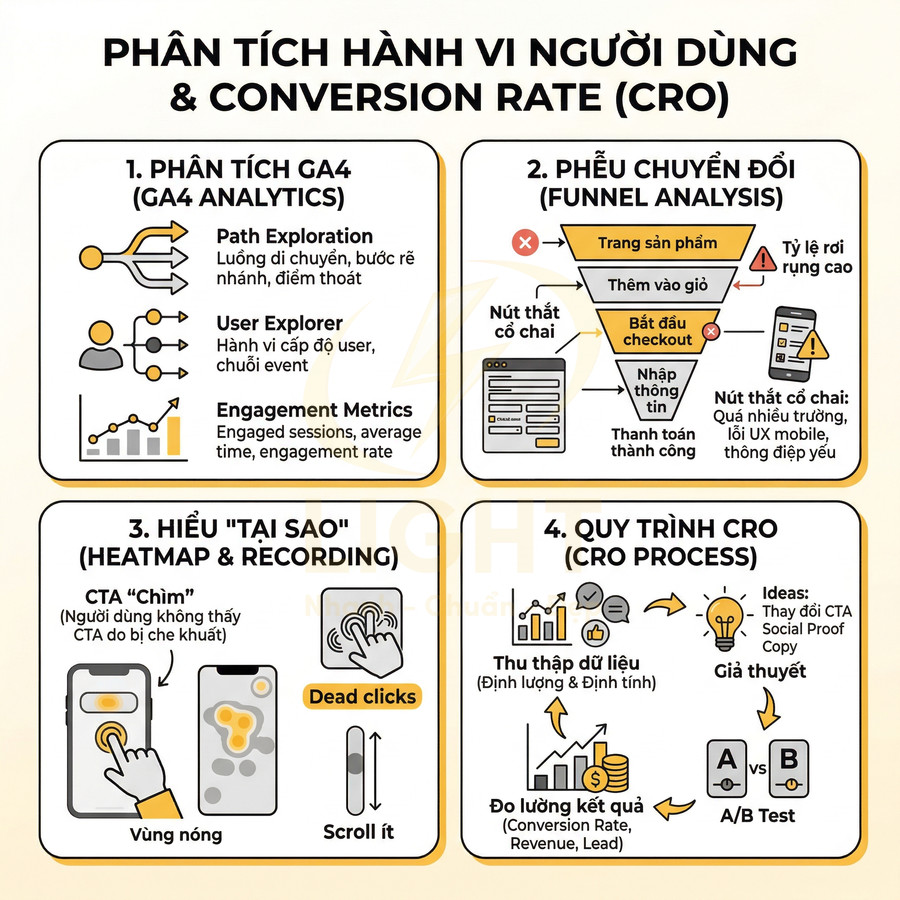 Infographic quy trình phân tích hành vi người dùng và tối ưu tỉ lệ chuyển đổi CRO trong marketing số