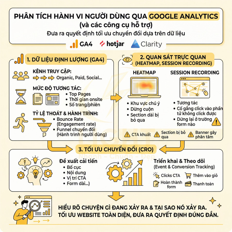 Infographic phân tích hành vi người dùng qua Google Analytics với chỉ số GA GA4 heatmap session recording và tối ưu chuyển đổi