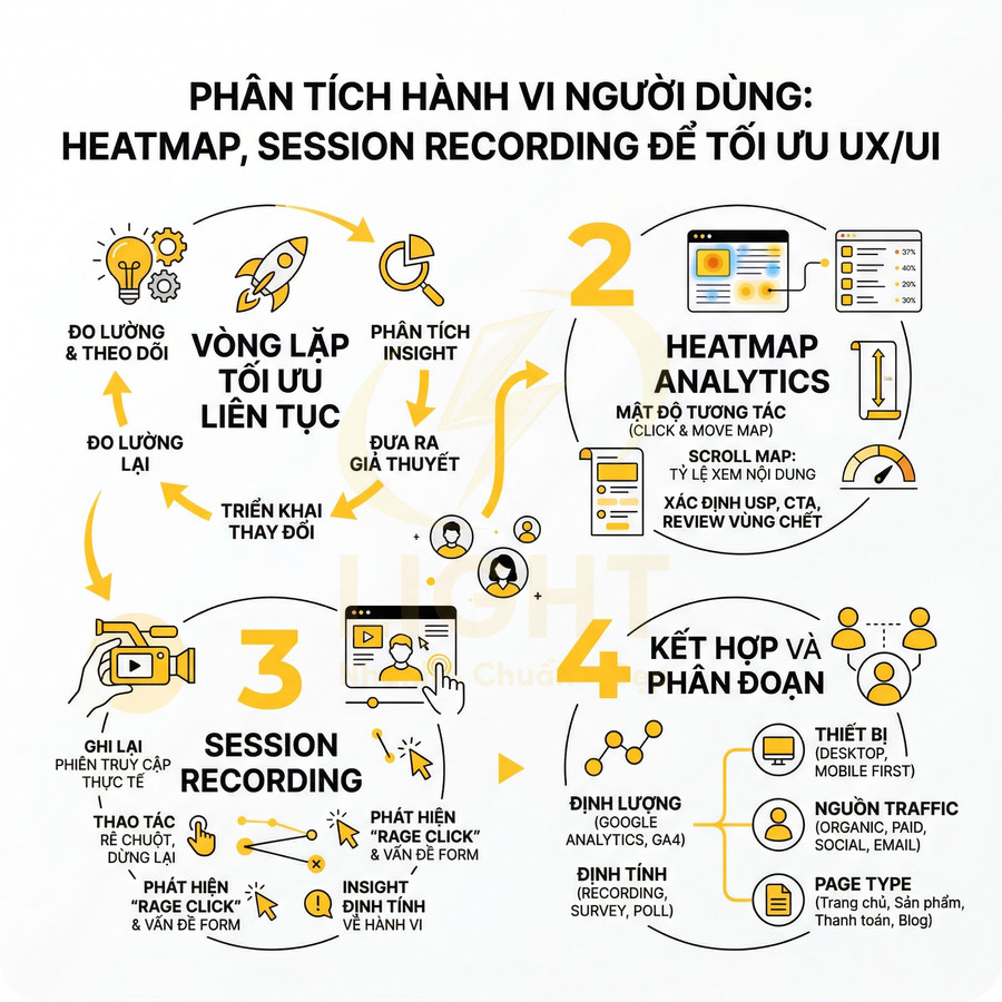 Sơ đồ phân tích hành vi người dùng bằng heatmap và session recording để tối ưu UX UI website