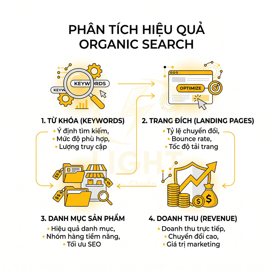Sơ đồ phân tích hiệu quả organic search với các bước từ khóa, trang đích, danh mục sản phẩm và doanh thu