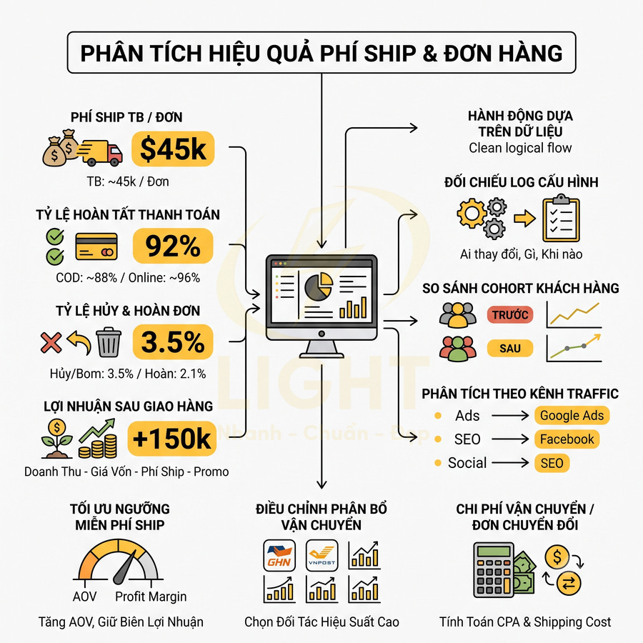 Infographic phân tích hiệu quả phí ship và đơn hàng, tối ưu lợi nhuận, tỷ lệ thanh toán và chi phí vận chuyển