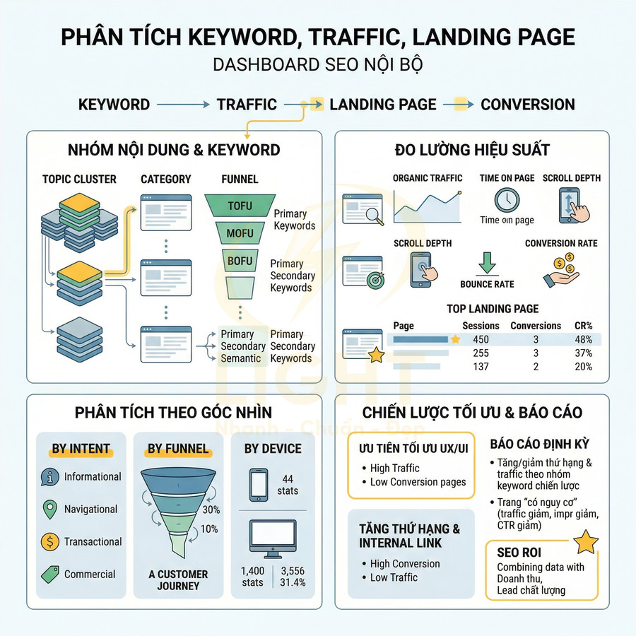 Dashboard phân tích keyword, traffic và landing page cho chiến lược SEO nội bộ bằng biểu đồ trực quan