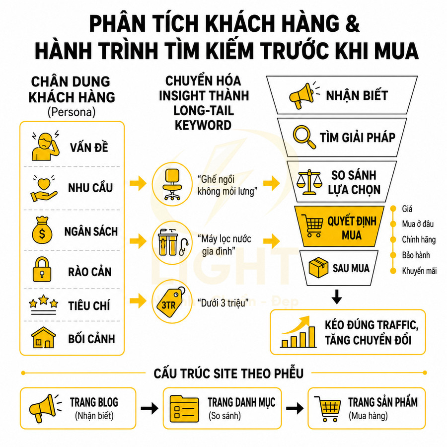 Infographic phân tích chân dung khách hàng và hành trình tìm kiếm trước khi mua, tối ưu cấu trúc website theo phễu chuyển đổi