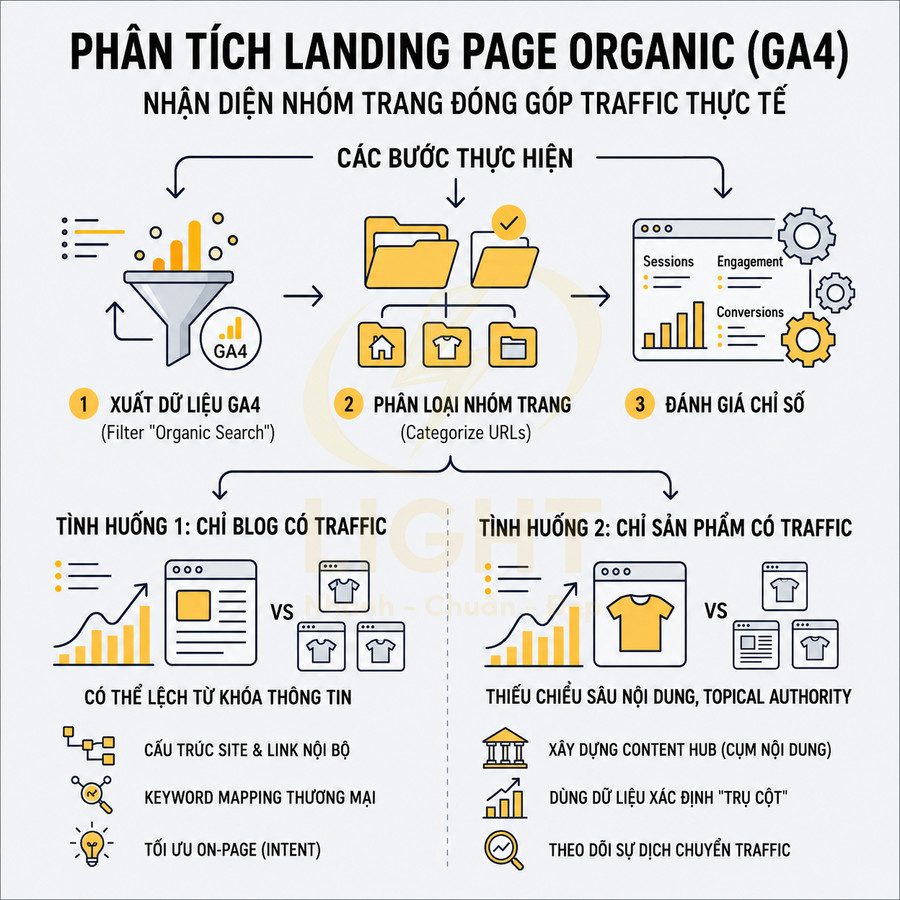 Hướng dẫn phân tích landing page organic GA4 với các bước xuất dữ liệu, phân loại URL và đánh giá chỉ số traffic