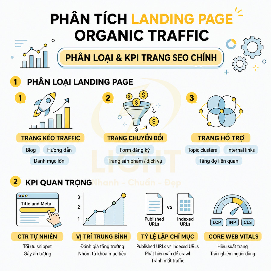 Infographic phân tích landing page organic traffic với phân loại trang và các KPI SEO quan trọng