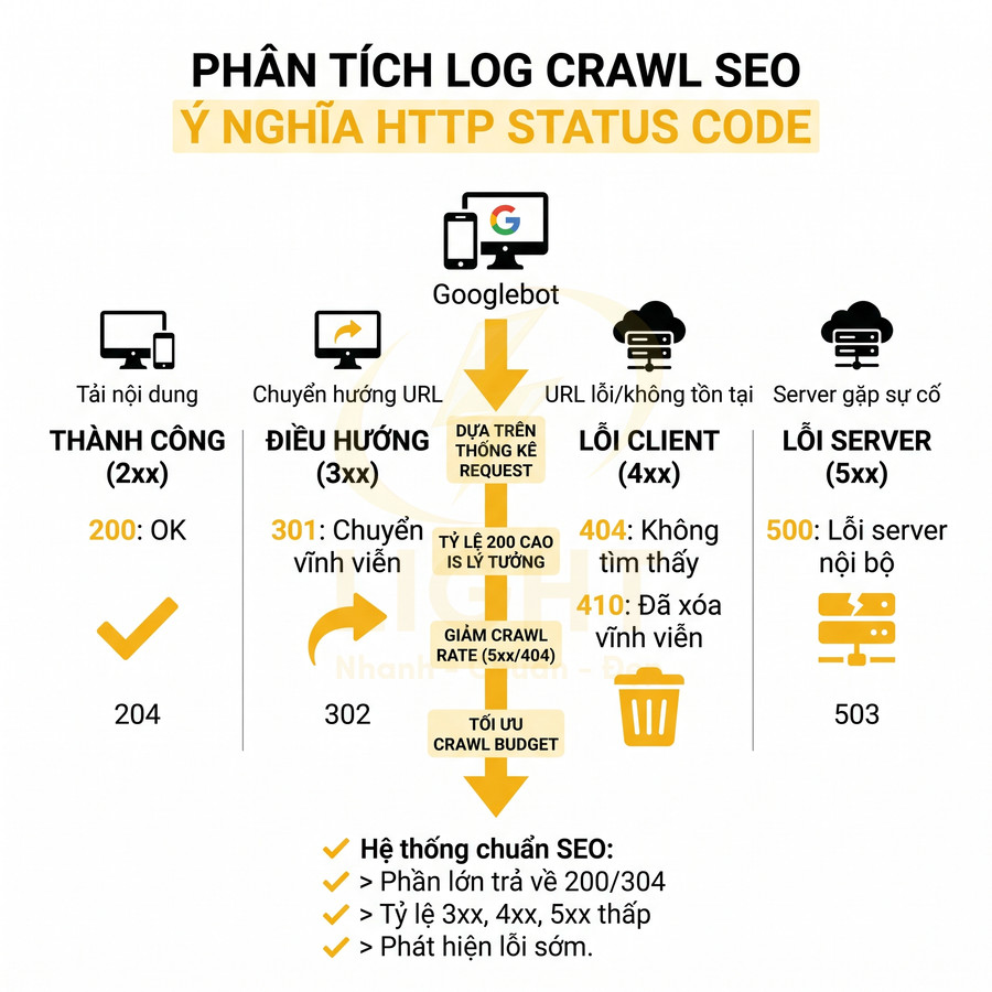 Infographic phân tích log crawl SEO và ý nghĩa các mã HTTP status code 2xx 3xx 4xx 5xx