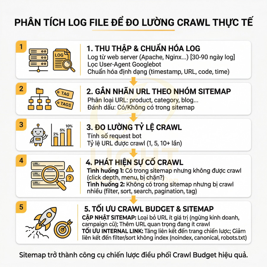 Quy trình 5 bước phân tích log file để đo lường và tối ưu crawl budget, sitemap cho website SEO