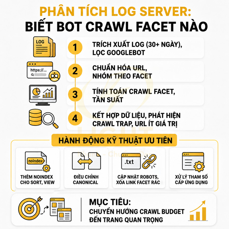 Infographic quy trình phân tích log server để biết bot crawl facet nào và tối ưu crawl budget SEO
