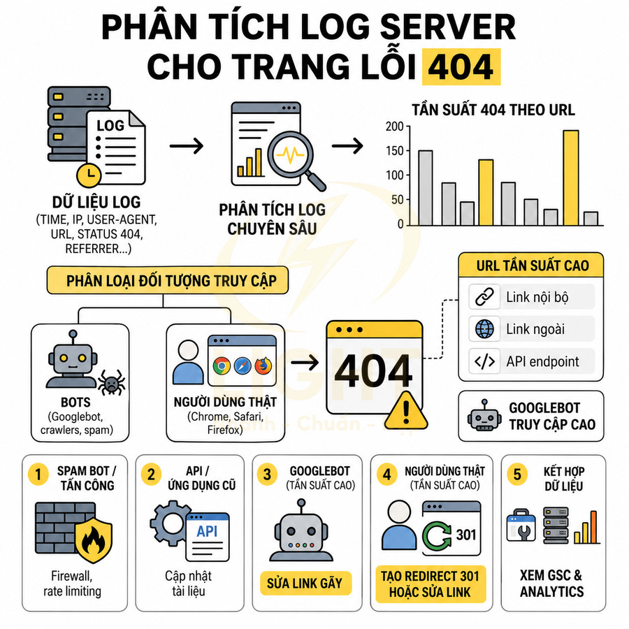 Infographic phân tích log server xử lý lỗi 404, phân loại bot và người dùng, đề xuất sửa link gãy và tạo redirect 301