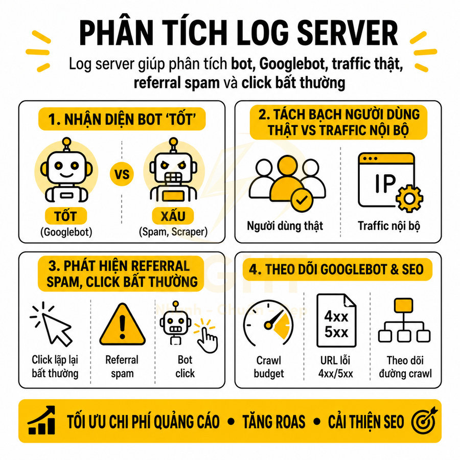 Infographic phân tích log server để nhận diện bot tốt xấu, tách người dùng thật, phát hiện spam và tối ưu SEO