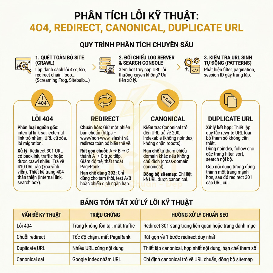 Infographic phân tích lỗi kỹ thuật SEO 404 redirect canonical duplicate URL và cách xử lý chuẩn SEO