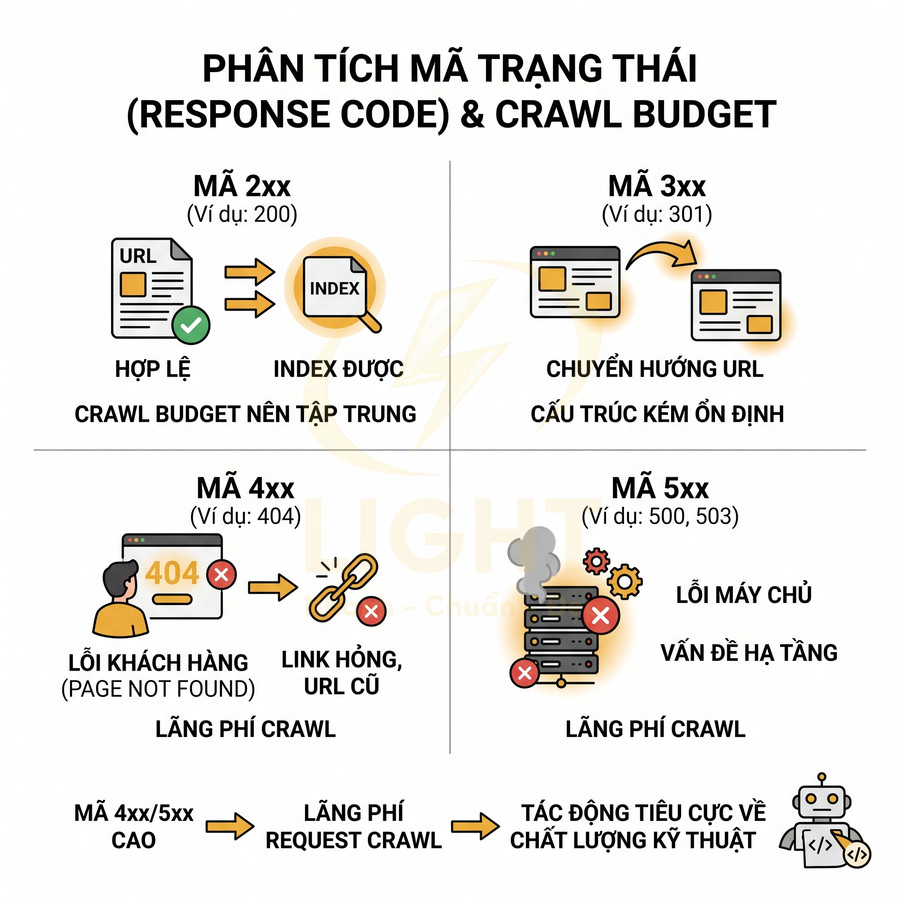 Phân tích mã trạng thái HTTP 2xx 3xx 4xx 5xx và ảnh hưởng đến crawl budget trong SEO