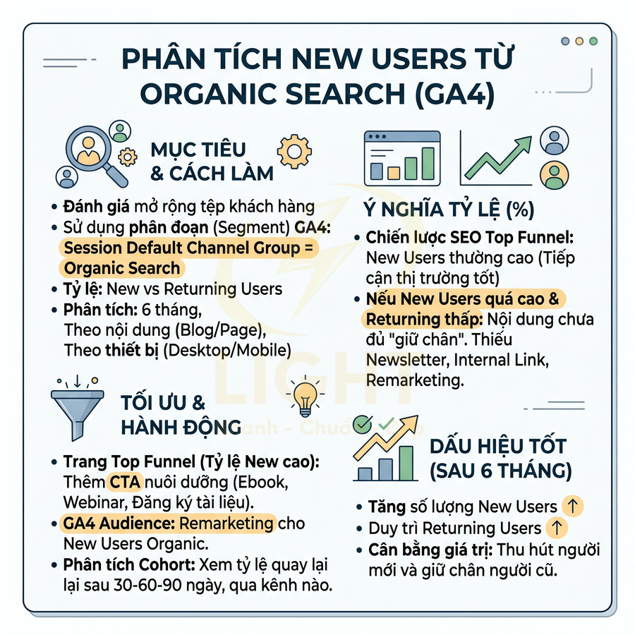 Infographic hướng dẫn phân tích New Users từ Organic Search trong Google Analytics 4 và tối ưu chiến lược SEO