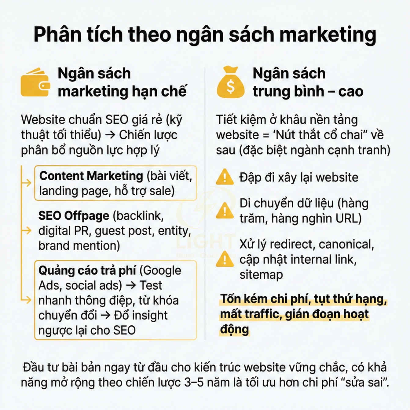 Infographic so sánh chiến lược marketing theo ngân sách hạn chế và ngân sách trung bình cao cho website SEO