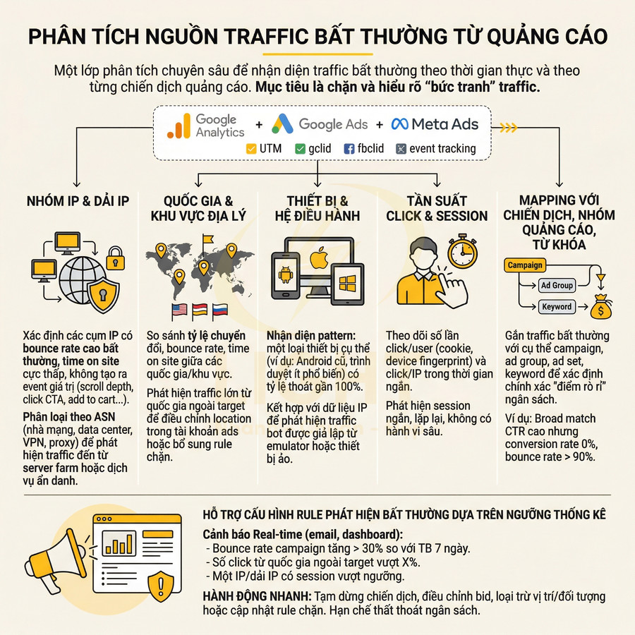 Infographic phân tích nguồn traffic bất thường từ quảng cáo Google Analytics Google Ads Meta Ads và các chỉ số tracking