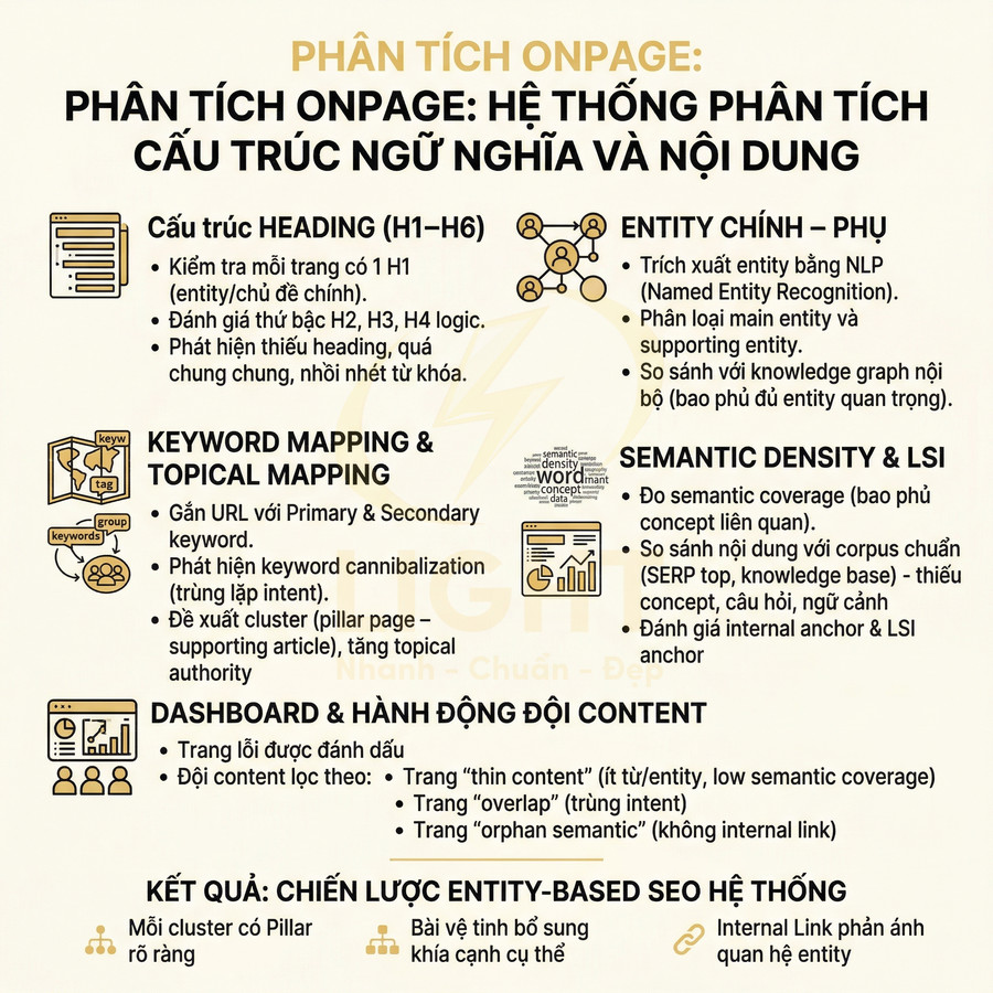 Infographic quy trình phân tích onpage SEO, tối ưu cấu trúc heading, entity, keyword mapping và semantic density