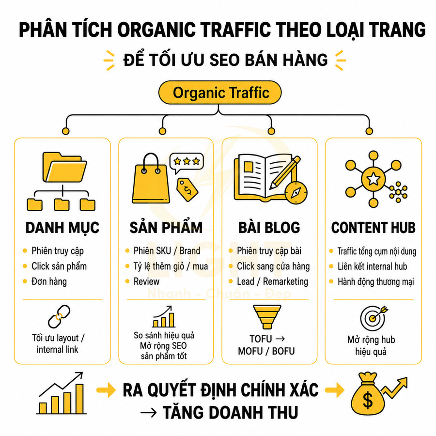 Phân tích organic traffic theo loại trang danh mục sản phẩm blog content hub để tối ưu SEO tăng doanh thu