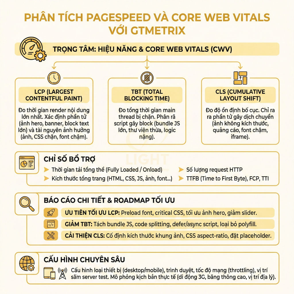 Infographic phân tích PageSpeed và Core Web Vitals với GTmetrix, giải thích LCP TBT CLS và cách tối ưu hiệu năng web