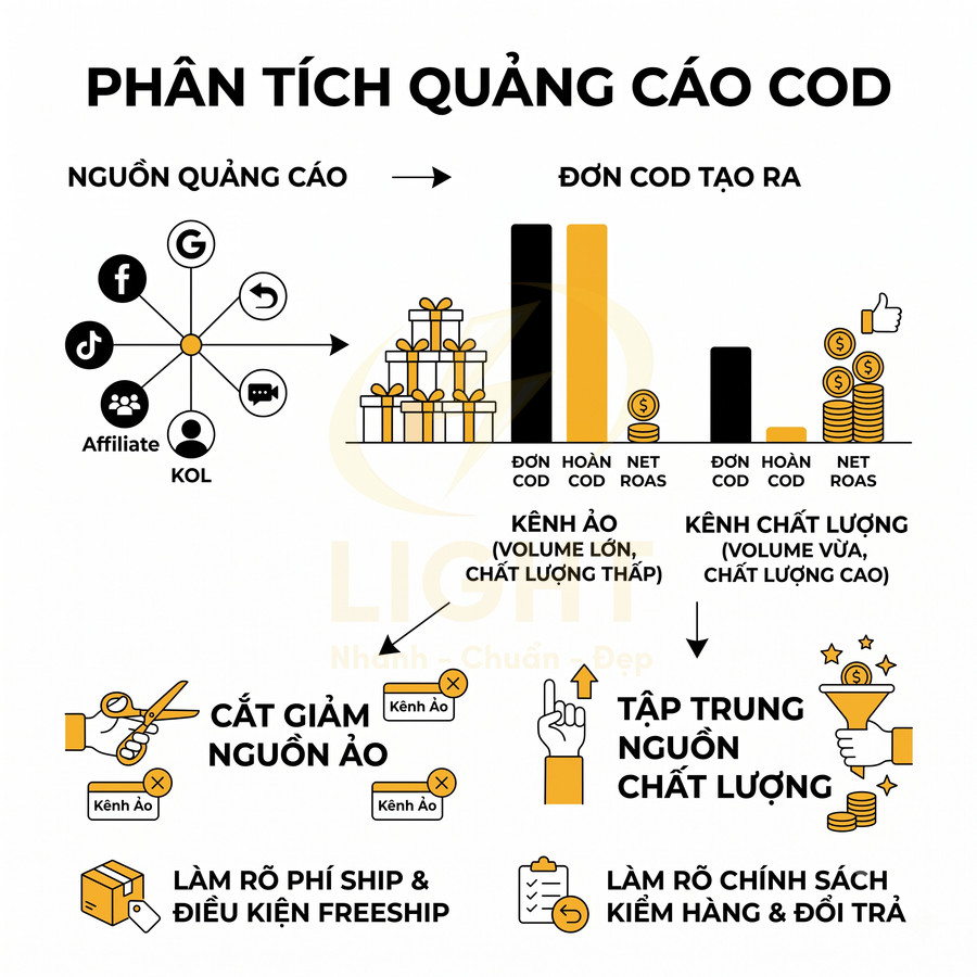 Phân tích quảng cáo COD, so sánh kênh ảo và kênh chất lượng, tối ưu đơn COD và lợi nhuận cho nhà bán hàng