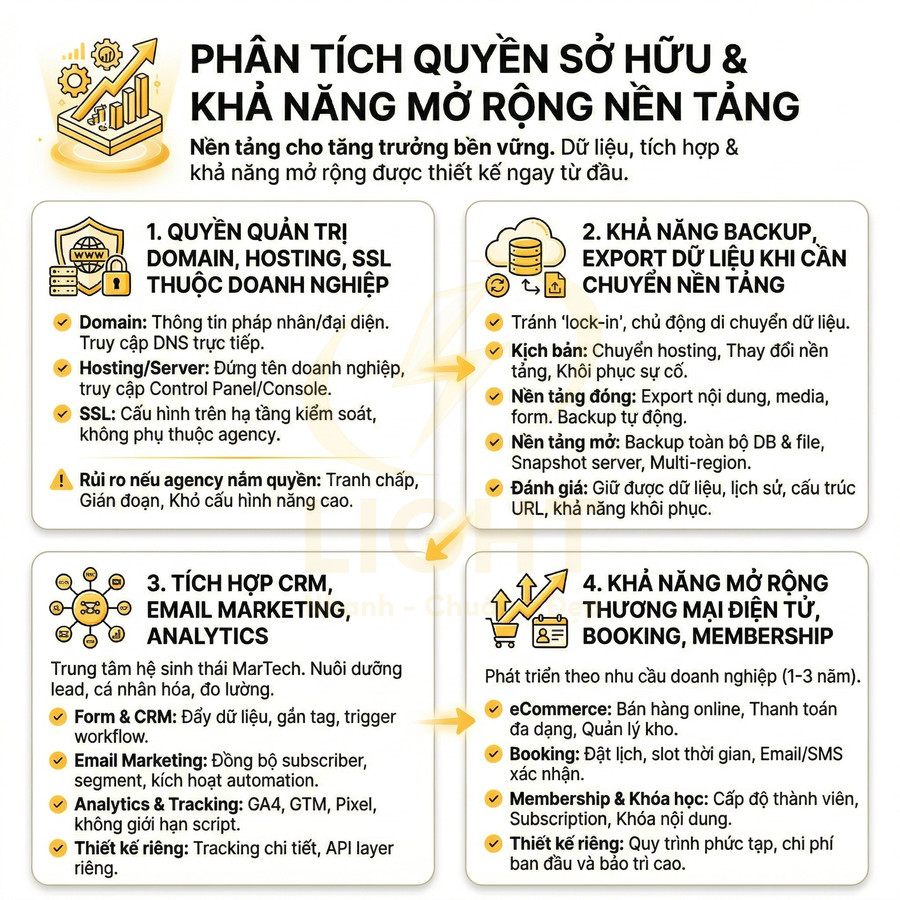 Infographic phân tích quyền sở hữu và khả năng mở rộng nền tảng cho doanh nghiệp số, CRM, backup và thương mại điện tử