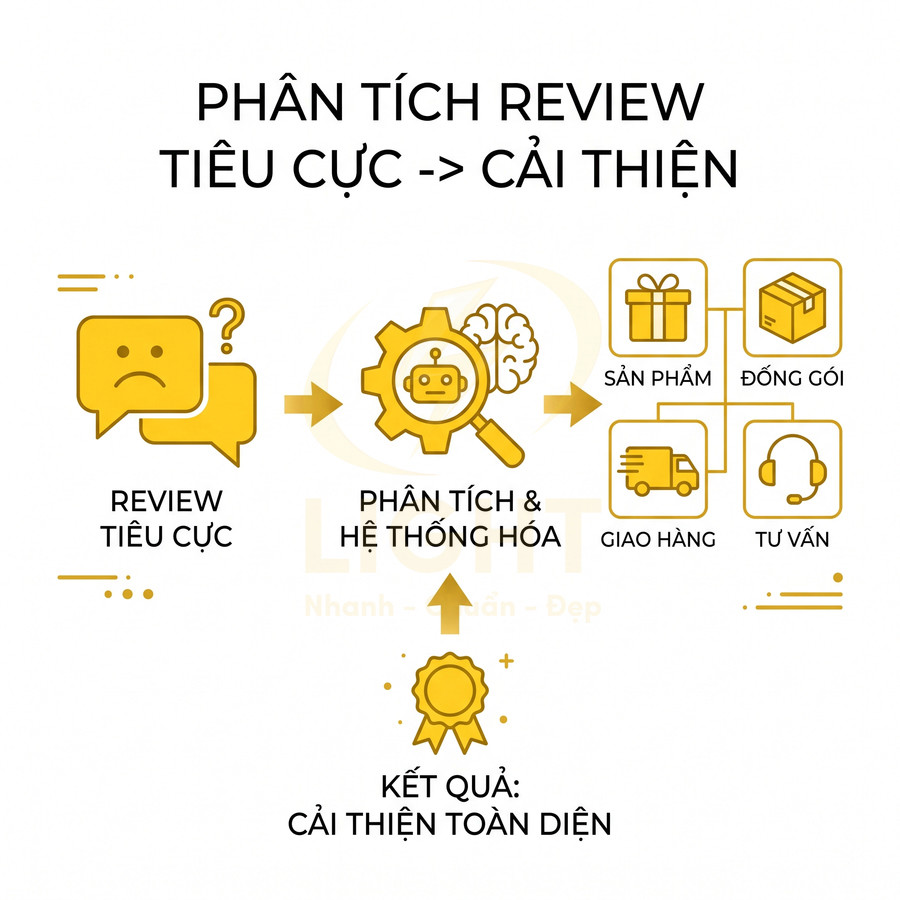 Quy trình phân tích review tiêu cực để cải thiện sản phẩm, đóng gói, giao hàng và tư vấn toàn diện