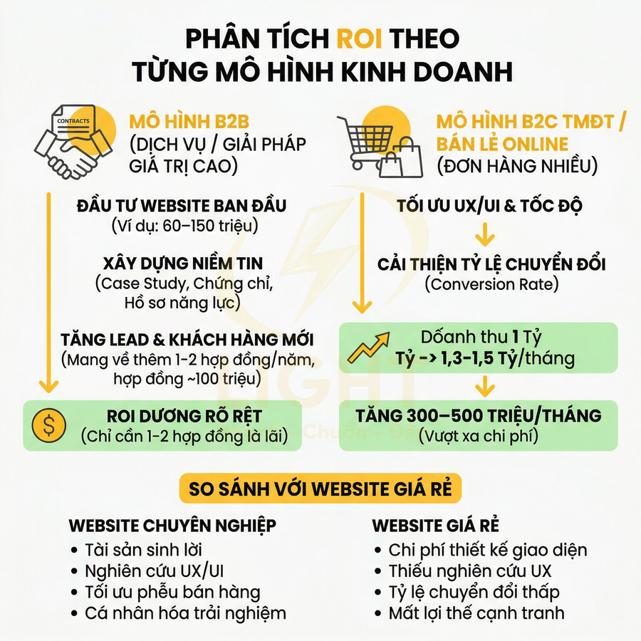 Infographic phân tích ROI cho mô hình kinh doanh B2B và B2C, so sánh hiệu quả website chuyên nghiệp và website giá rẻ