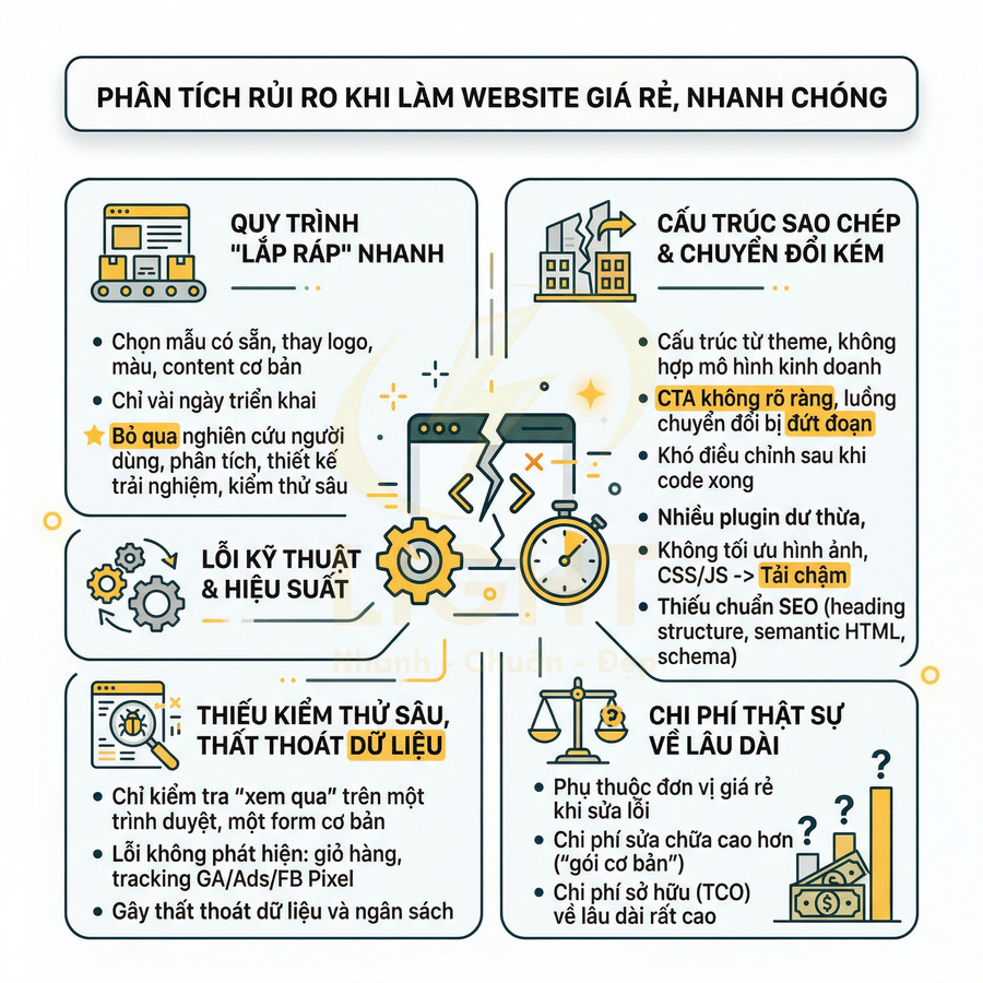 Phân tích rủi ro khi làm website giá rẻ nhanh chóng với quy trình lắp ráp, lỗi kỹ thuật và chi phí lâu dài