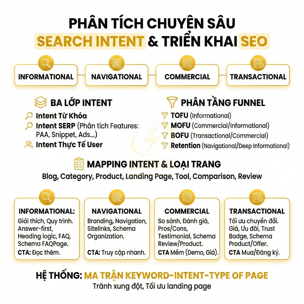 Phân tích search intent và triển khai SEO với bốn nhóm intent và cách mapping vào loại trang web