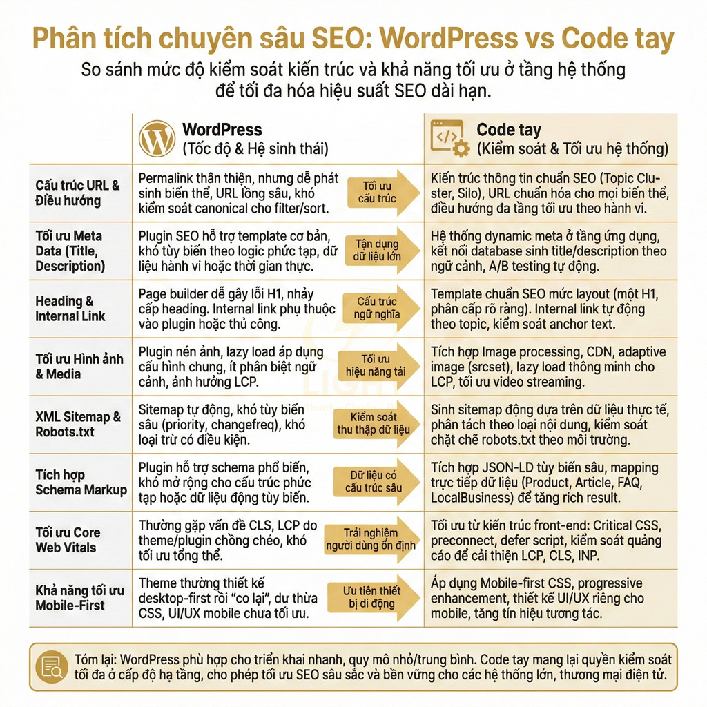Bảng so sánh chuyên sâu SEO giữa WordPress và code tay về cấu trúc, tối ưu nội dung và hiệu suất website