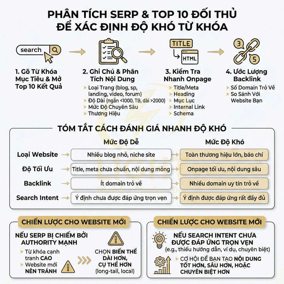 Hướng dẫn phân tích SERP và top 10 đối thủ để đánh giá độ khó từ khóa và chiến lược SEO cho website mới